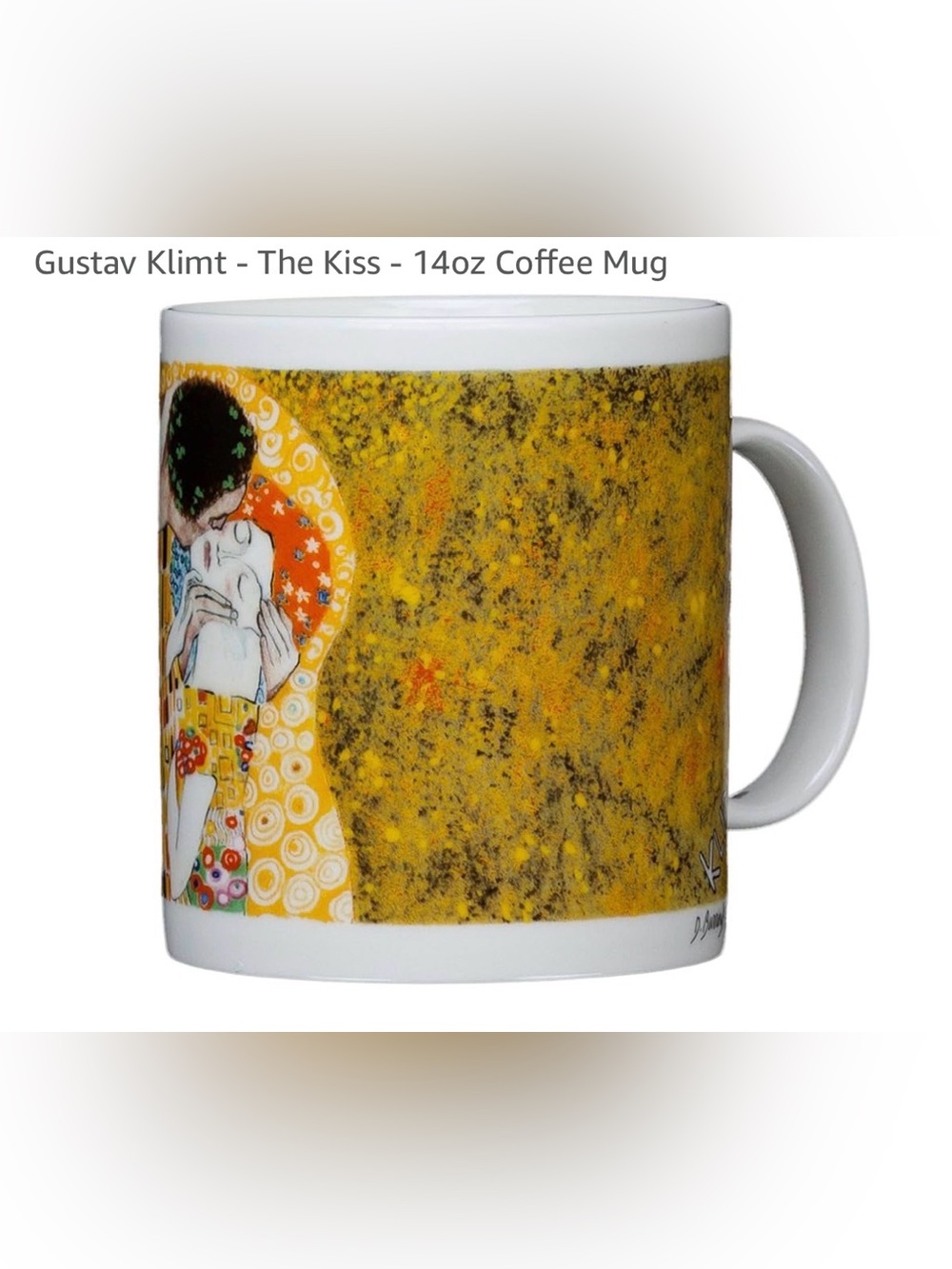 J. Burrows, Klimt Print Coffee Mug Featuring 'The Kiss' Motif in Gold and White - Picture 3 of 8